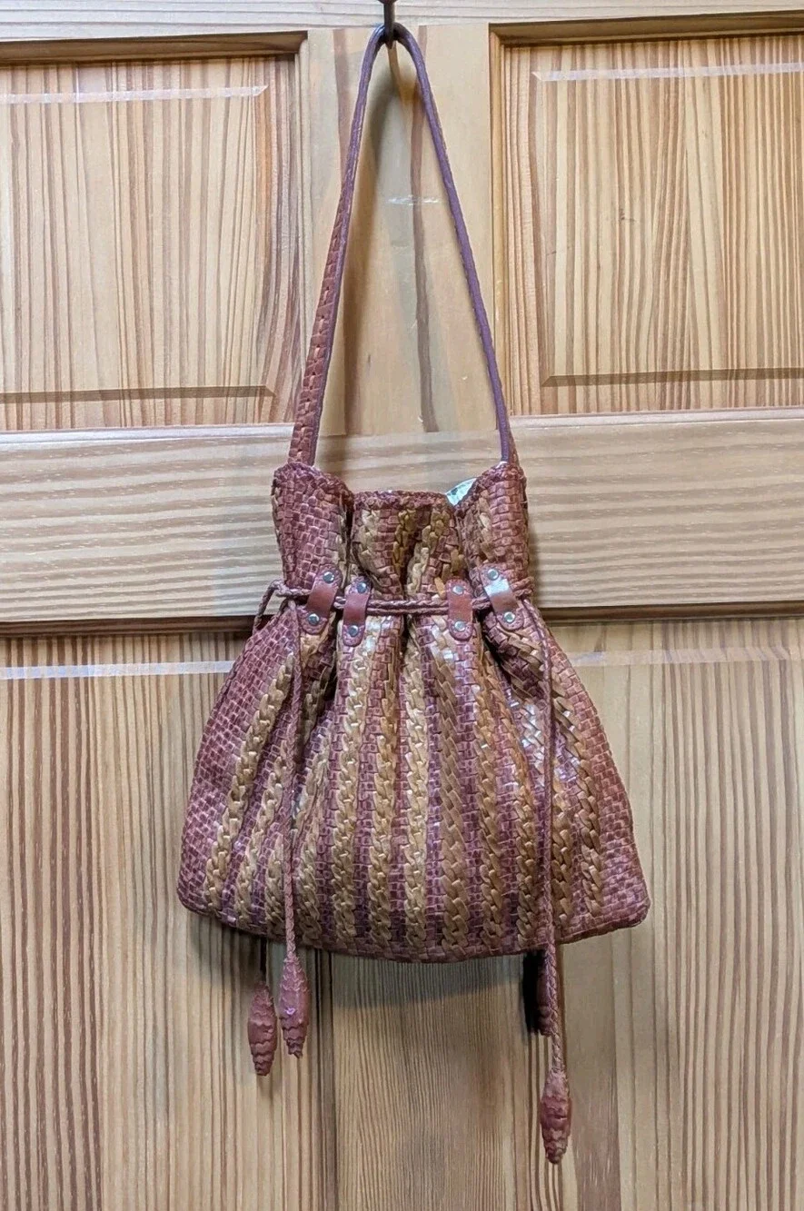 Martina Caponi Italy Brown Woven Braided Leather Bag Hobo Drawstring Polka Dot